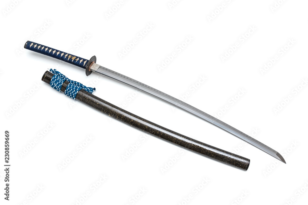 Japanese sword steel fitting and blue cord with scabbard on white background. Japanese sword steel fitting and blue cord with scabbard on white background.
