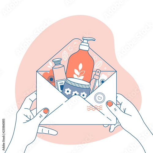 Cosmetics online shop order. Package with different cosmetics. Envelope in woman hands. Vector illustration