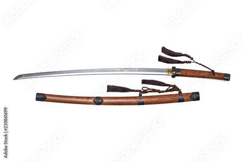 Japanese sword steel fitting and wooden scabbard and handle isolated in white background.