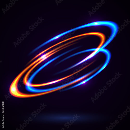 Vector light effect. The object s light stroke. Circular lens flare. Abstract rotational lines. Power energy element. Luminous sci-fi. Shining neon lights cosmic abstract frame. Magic round frame.