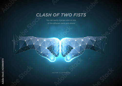 Clash of two fists. Low poly wireframe art on dark background.  The concept of conflict or resistance or competition or struggle. Polygonal illustration with connected dots and polygon lines. Vector