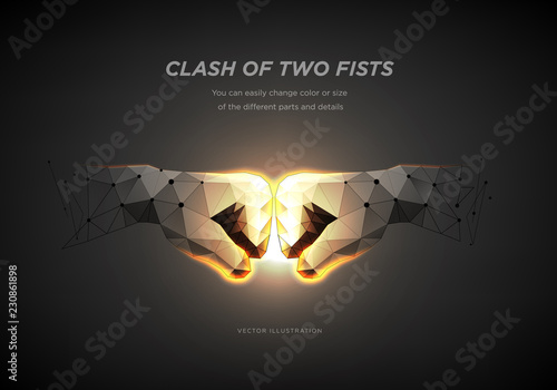 Fist to fist symbol. Low poly wireframe art on dark background. The concept of rivalry or competitors or team or partners. Polygonal illustration with connected dots and polygon lines. Vector
