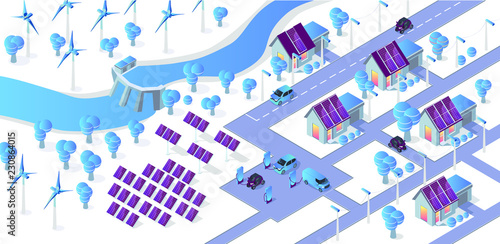 Alternative energy concept vector flat illustration. Isometric car and city house connected to solar panel, wind turbines and hydroelectric power station, Car charge station. Isometric 3d