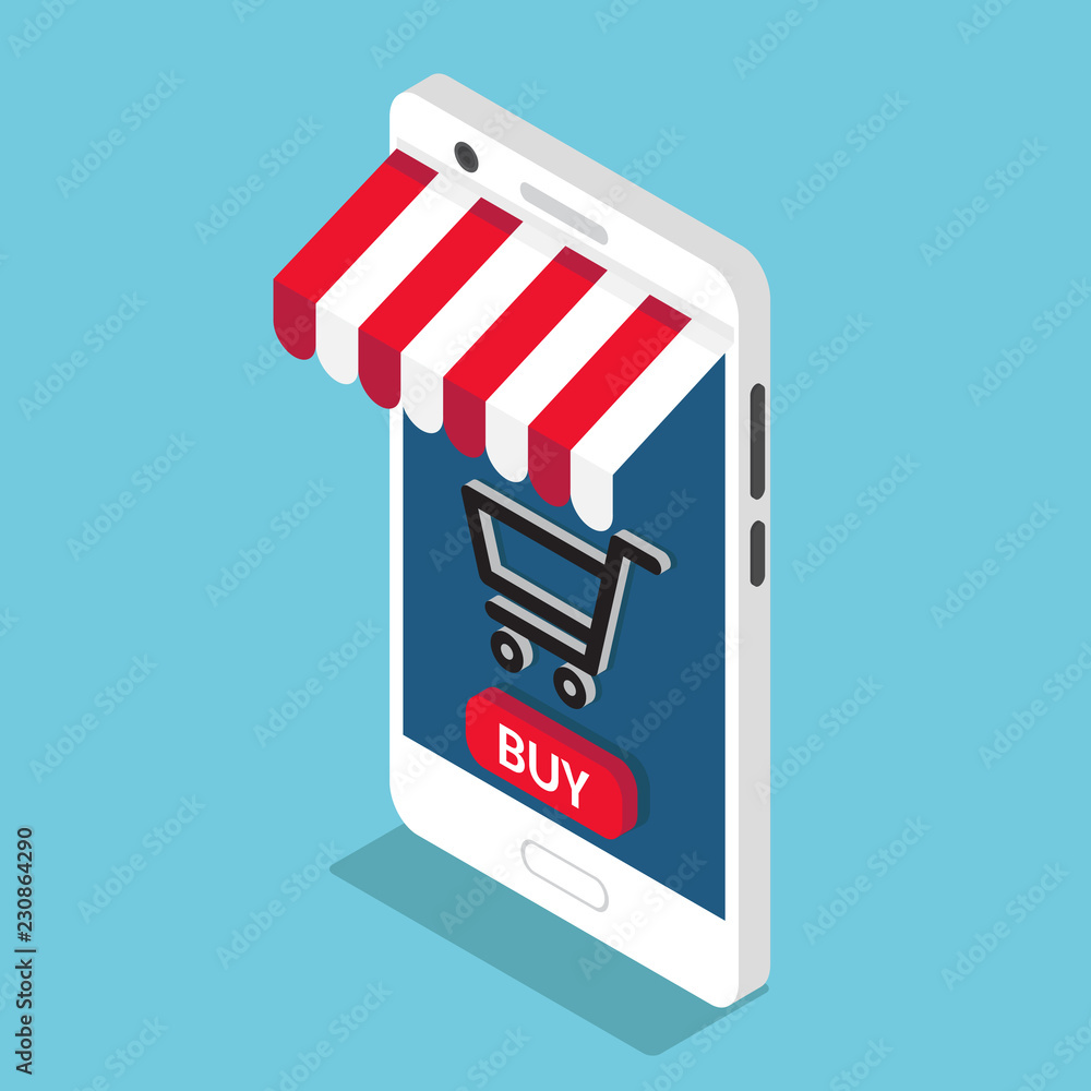 Vector image in flat isometric style. White mobile phone - online store ...