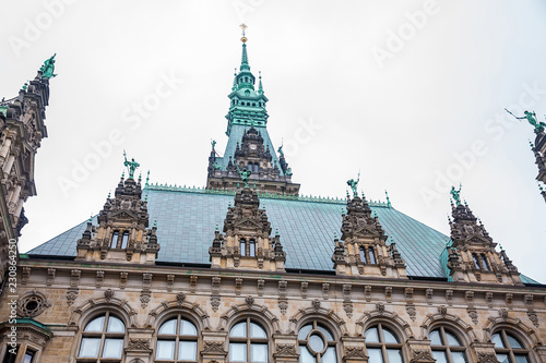 Hamburg City Hall building located in the Altstadt quarter in the city center at the Rathausmarkt square in a cold rainy early spring day