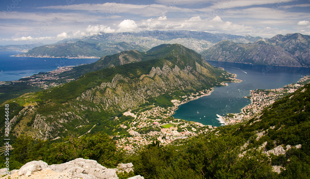 Top view of Boka Kotor bay and Kotor from Lovcen Mountain, Montenegro
