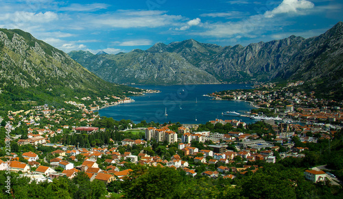 Top view of Boka Kotor bay and Kotor from Lovcen Mountain, Montenegro