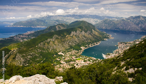 Top view of Boka Kotor bay and Kotor from Lovcen Mountain  Montenegro