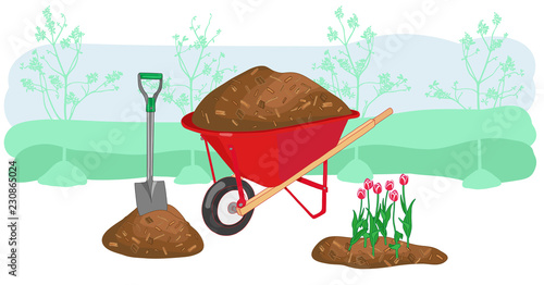 Mulch gardening concept vector illustration. Agriculture countryside outdoor seasonal work equipment.