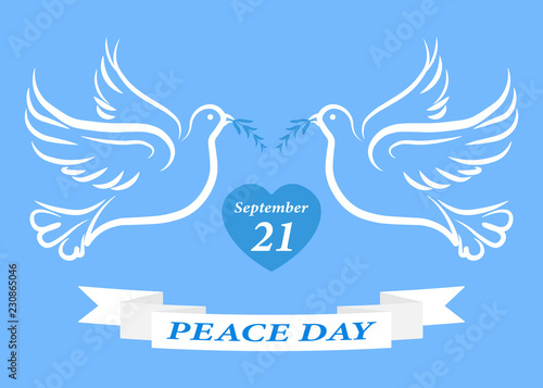 Vector blue background for Day of peace. Concept illustration with dove of peace, and text.Great for Greeting Card, Emblem and Banner