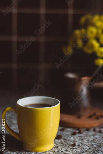 coffee cup with flowers in the kitchen