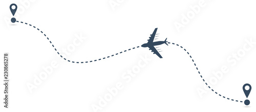 Airplane fligth route or air plane destination line path vector icon