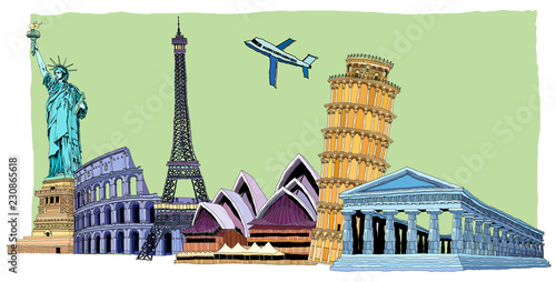 Airplane traveling various famous places of the world