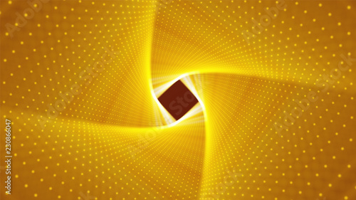 Vector infinite rhombic or square twisted golden tunnel of shining flares . Glowing points form tunnel sectors. Abstract cyber colorful background for your designs. Geometric wallpaper