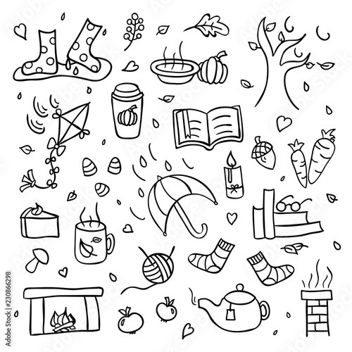 Autumn collection of fall things wind and rain drawing isolated set