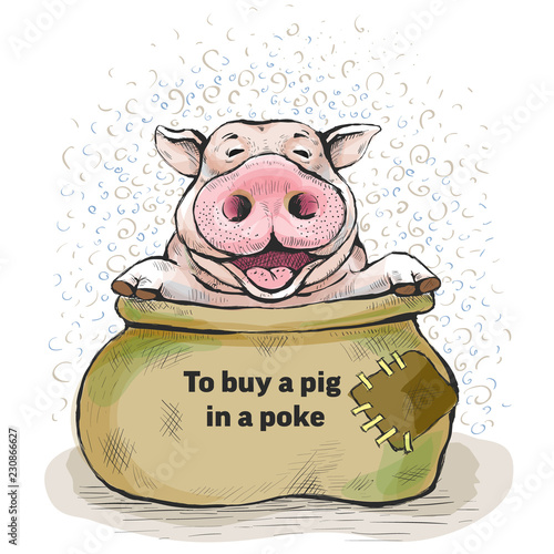 Series of postcards with a piglet. Proverbs and sayings. To buy a pig in a poke. The sack opened, and the piggy sits there. Hand-drawn illustration. Cartoon. Watercolor style