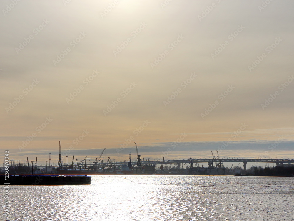 Seascape with port and flyovers