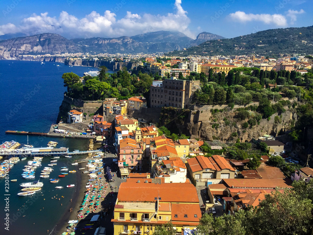 Panoramic view of the city and sea on the sunny day.Sorrento.Italy.