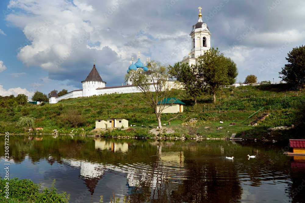 summer landscape with pond, monastery and ducks