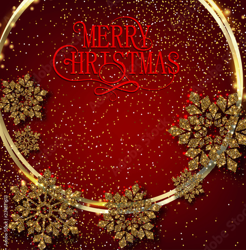 Red shiny Merry Christmas greeting card with beautiful golden snowflakes.