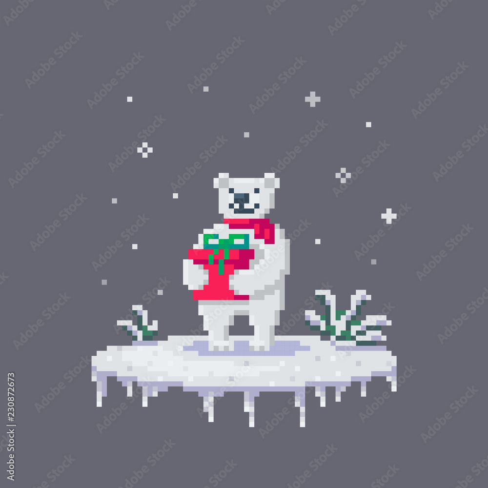 Pixel art white bear with a gift. Pixel art white bear with a gift.
