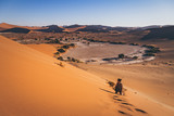 Femme sur une dune de sable dans le désert de Sossusvlei en Namibie