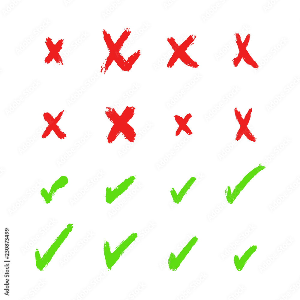 Vector collection of hand drawn red cross and green ticks. Vector collection of hand drawn red cross and green ticks.