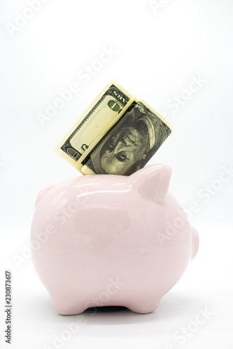 Pink piggy bank and money