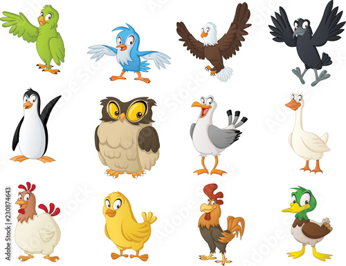 Group of cartoon birds. Vector illustration of funny happy animals.