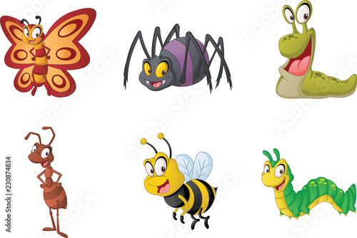 Group of cartoon insects. Vector illustration of funny happy small animals.    