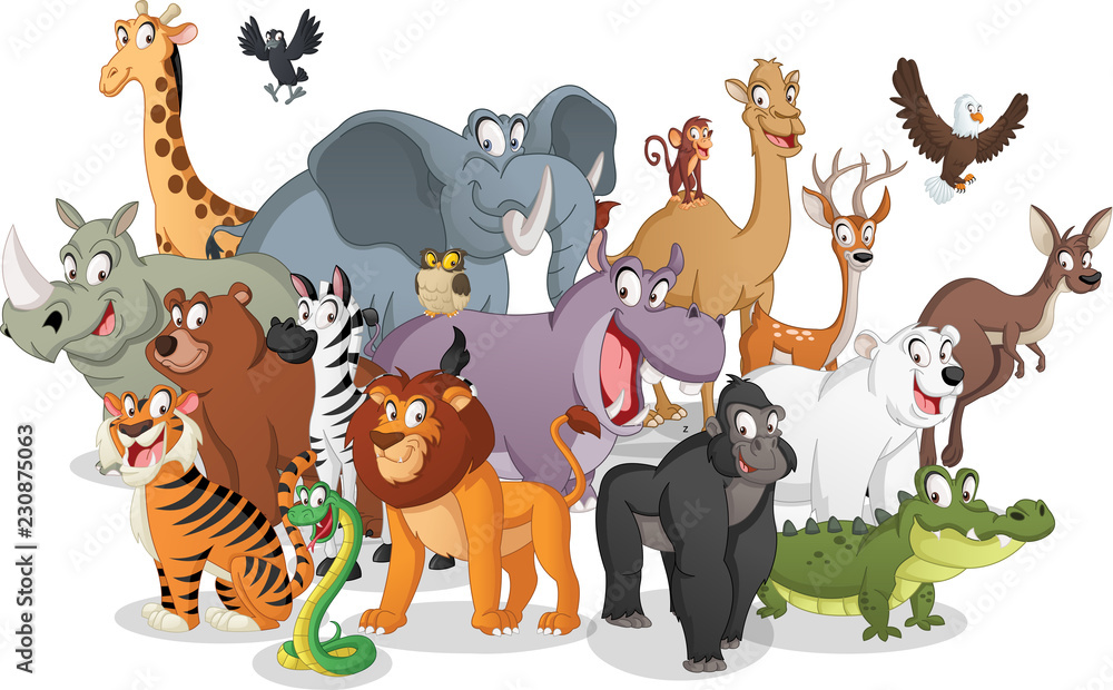 Group of cartoon animals. Vector illustration of funny happy animals. Stock  Vector | Adobe Stock