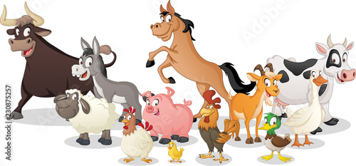 Group of farm cartoon animals. Vector illustration of funny happy animals. © denis_pc
