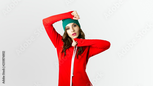christmas concept. elf girl portrait on new year. copy space