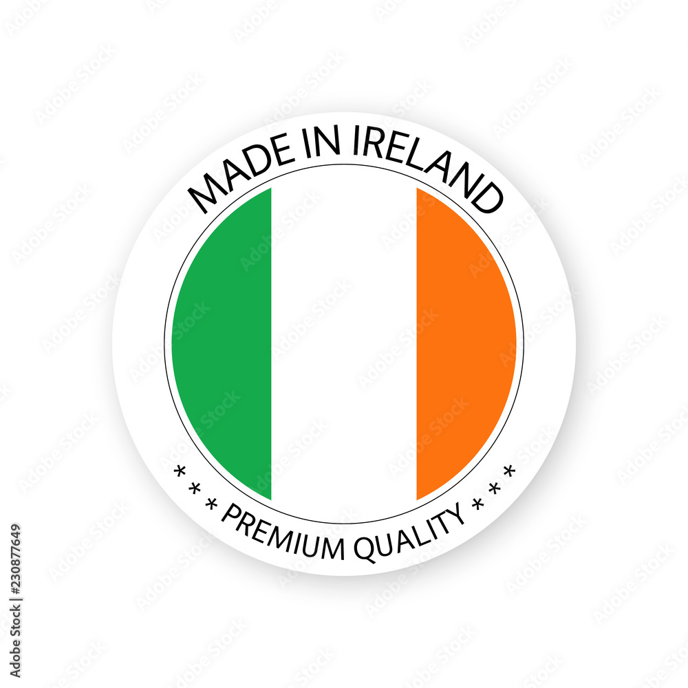 Modern vector Made in Ireland label isolated on white background, simple sticker with Irish colors, premium quality stamp design, flag of Ireland Modern vector Made in Ireland label isolated on white background, simple sticker with Irish colors, premium quality stamp design, flag of Ireland