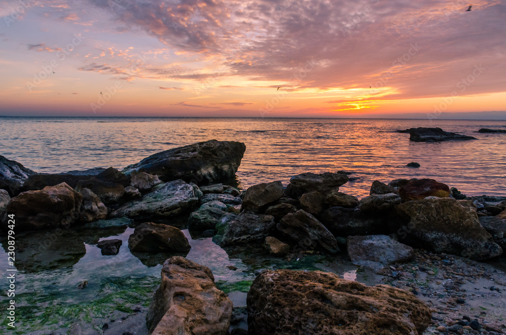 Seascape in Odesa during the sunrise in the autumn season