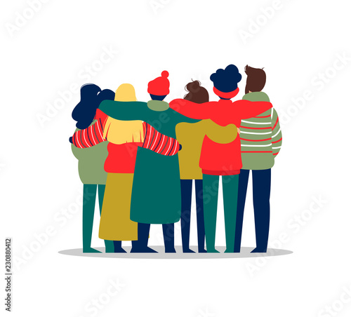 Young people friend group hug in winter season