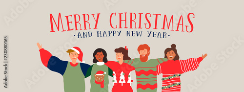 Christmas and New Year diverse people group banner