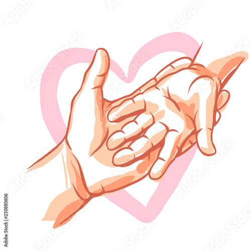 Mom holds the child hand.