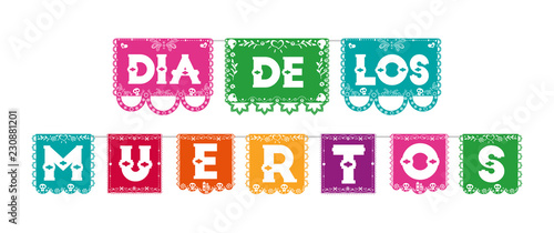 Day of the dead color paper flag typography sign