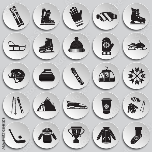 Winter sport and entertainment set on plates background icon