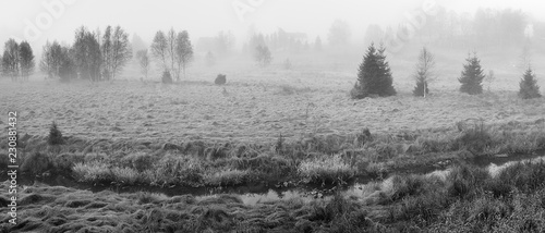 Landscape in Schwarzwassetal in german Ore mountains in foggy morning on 20th october 2018