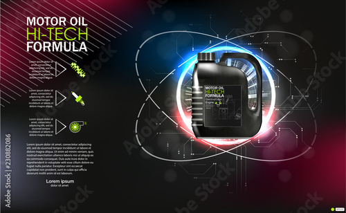 Bottle engine oil on a background a motor-car piston, Technical illustrations. Realistic 3D vector image. canister ads template with brand logo Blueprints.