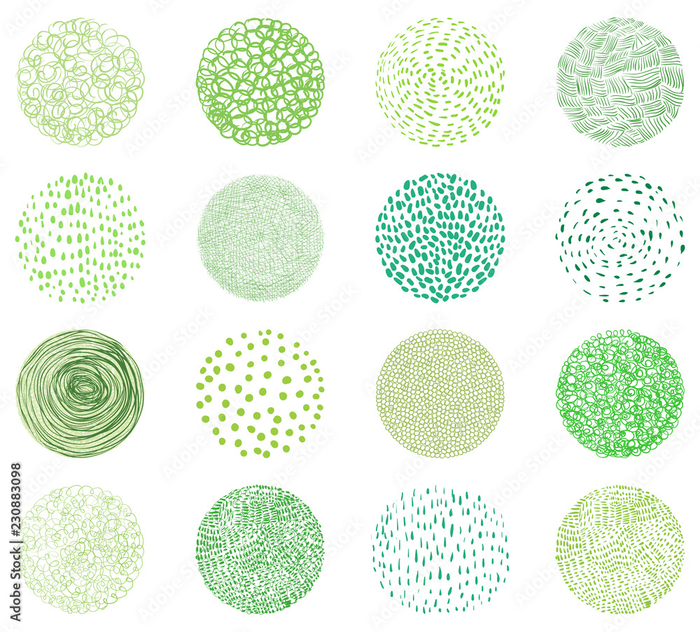 Green natural textures in round shapes. Doodle circles for package design for natural products - obrazy, fototapety, plakaty 