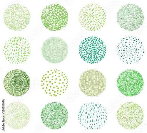 Green natural textures in round shapes. Doodle circles for package design for natural products