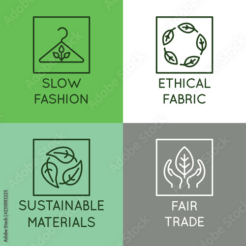 Vector set of linear icons and badges related to slow fashion - ethical fabric, sustainable materials, fair trade
