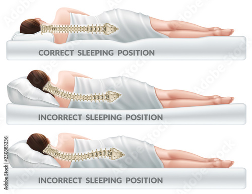 Correct and incorrect sleeping poses. Right and wrong position spine on different mattresses. Caring for health of back. 3d realistic vector illustration.