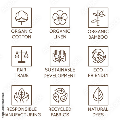 Vector set of linear icons and badges related to slow fashion and sustainable made textiles, fabrics, garment and clothes
