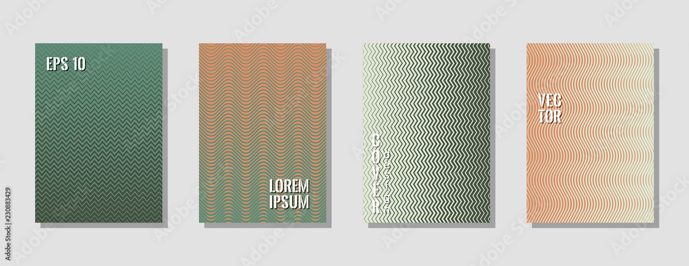 Digital green brown zig zag banner templates, wavy lines gradient stripes backgrounds for business cover. Curve shapes stripes, zig zag edge lines halftone texture gradient cover templates collection.