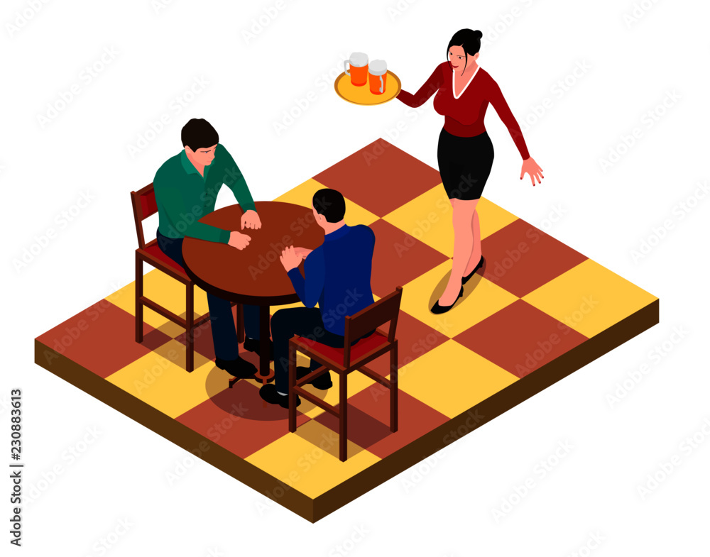 Two men sit at the table and wait for the waitress. The waitress carries a tray on which two glasses of beer. 