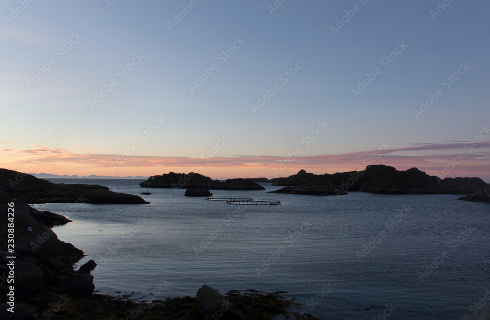 Fish farm in Steine, Lofoten, at sunrise